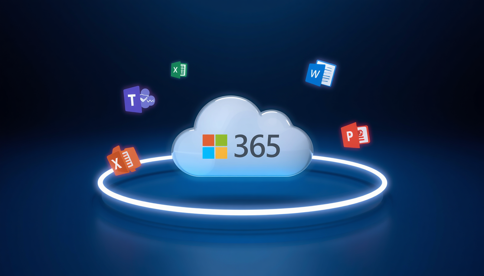 Microsoft 365 ile bulut tabanlı iletişim, dosya yönetimi ve ekip çalışmasını temsil eden teknolojik görsel